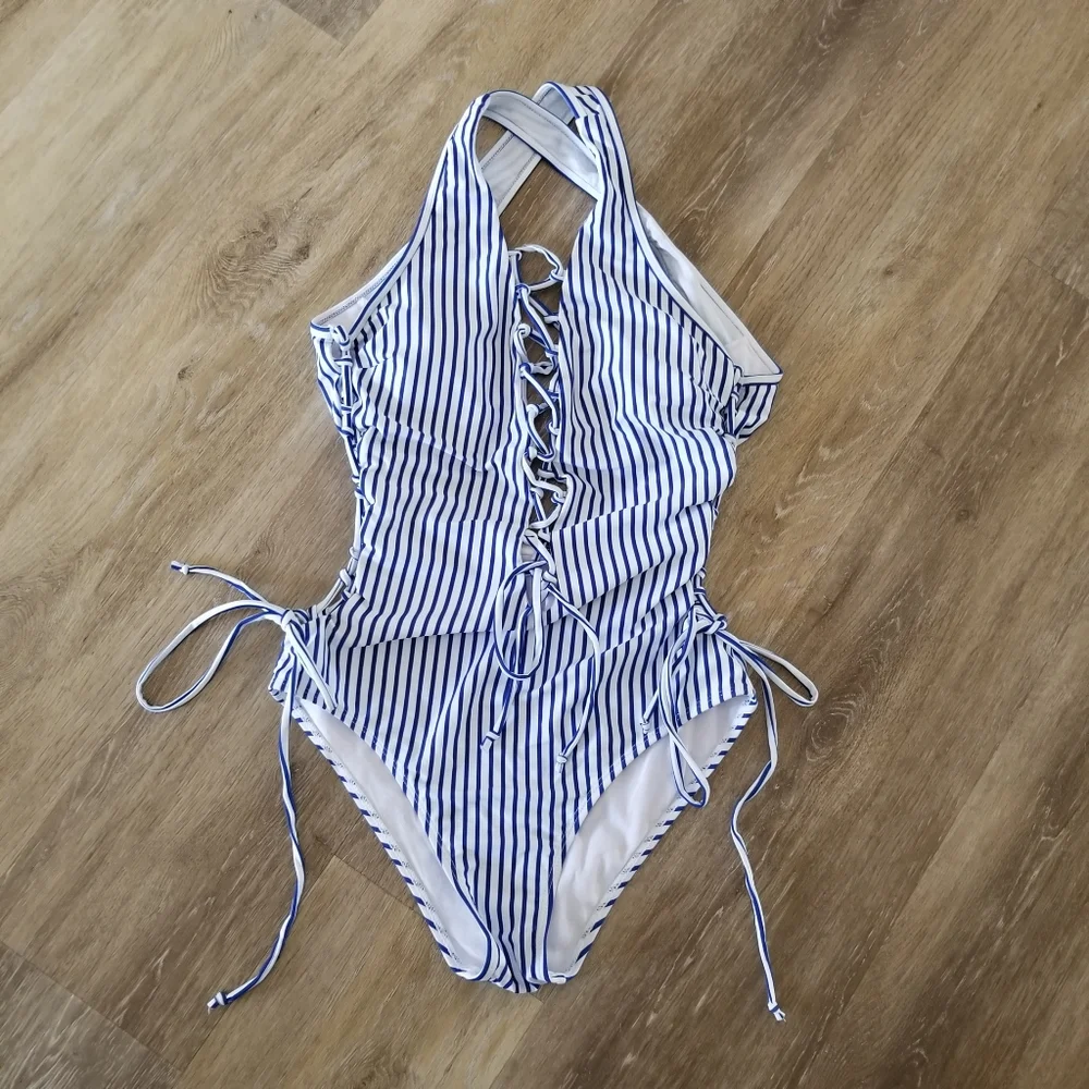 NWT Holipick Blue White Stripe Sexy Lace Up Two Way One Piece Swimsuit Size L D3